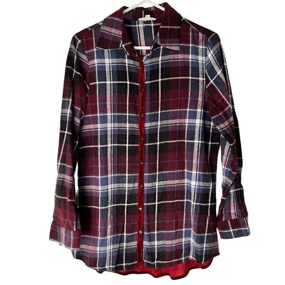 Indigo Thread Co maroon plaid flannel with velvet embroidered back detail S - Picture 2 of 8